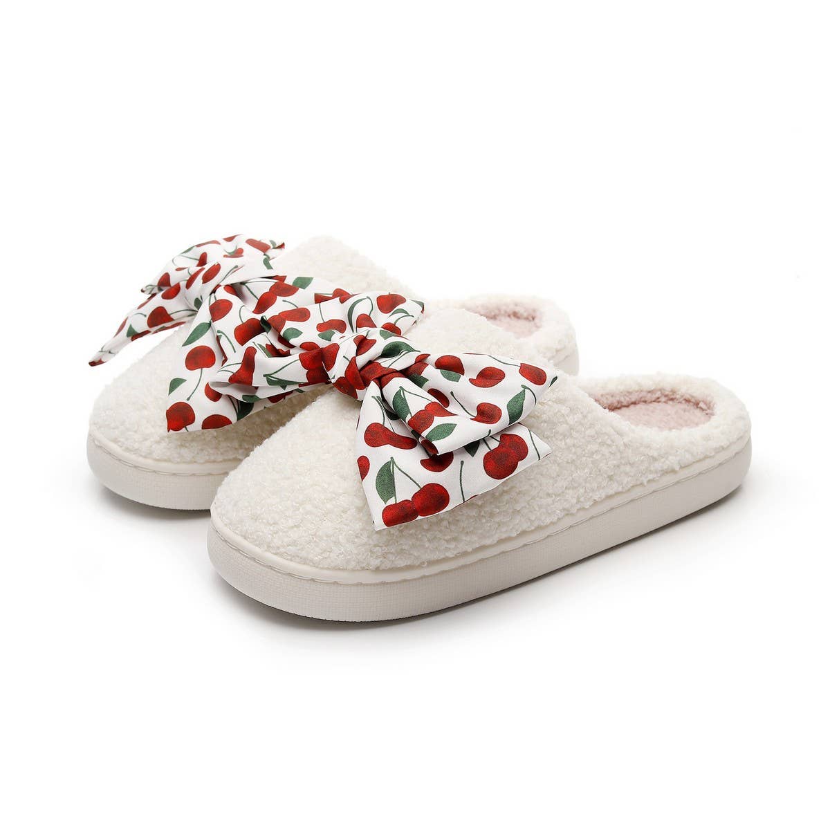 Cute Cherry Bow Slippers Thick Warm Indoor Shoes_CWSHF00212