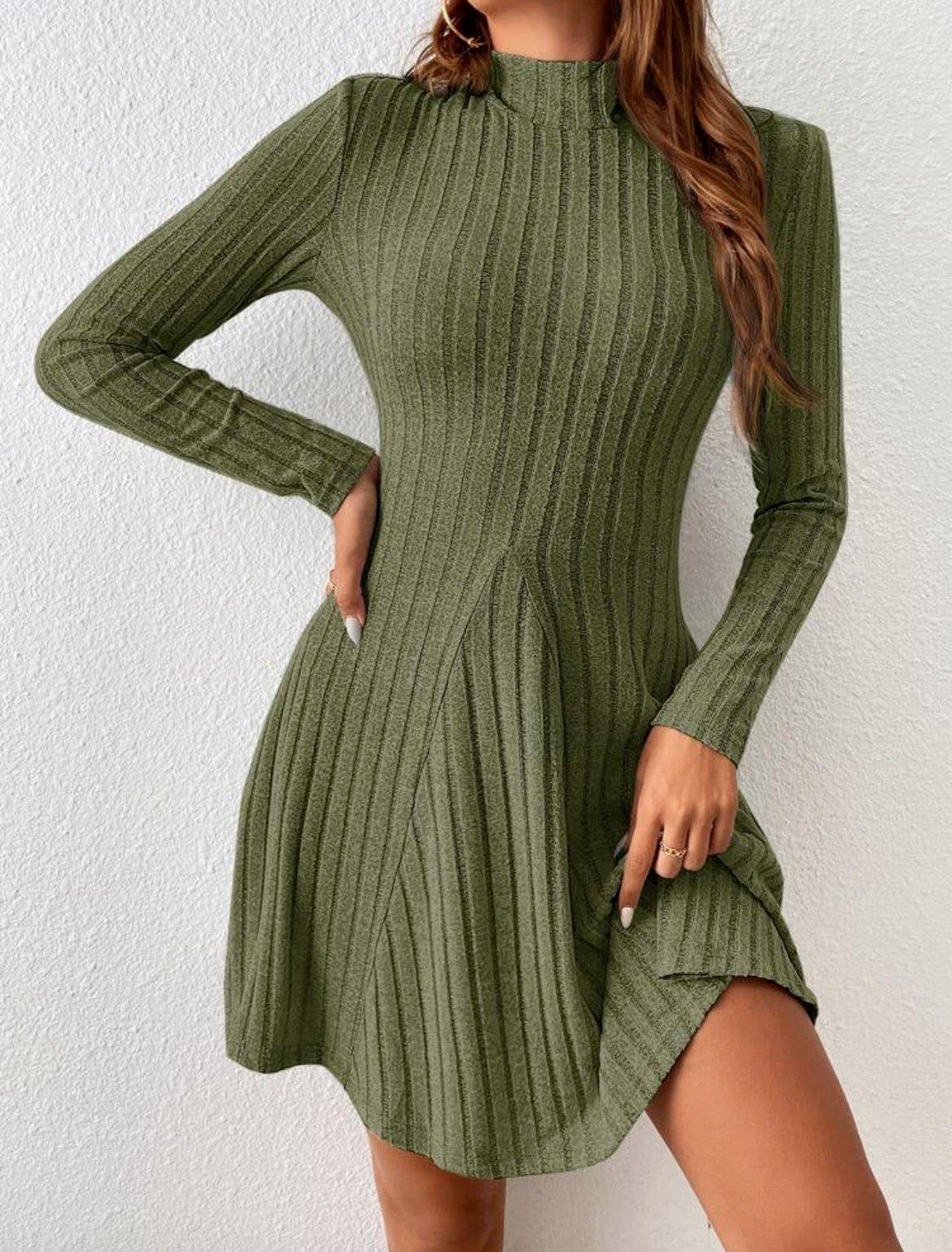KNIT CASUAL SEMI-TURTLENECK PIT STRIPE DRESS