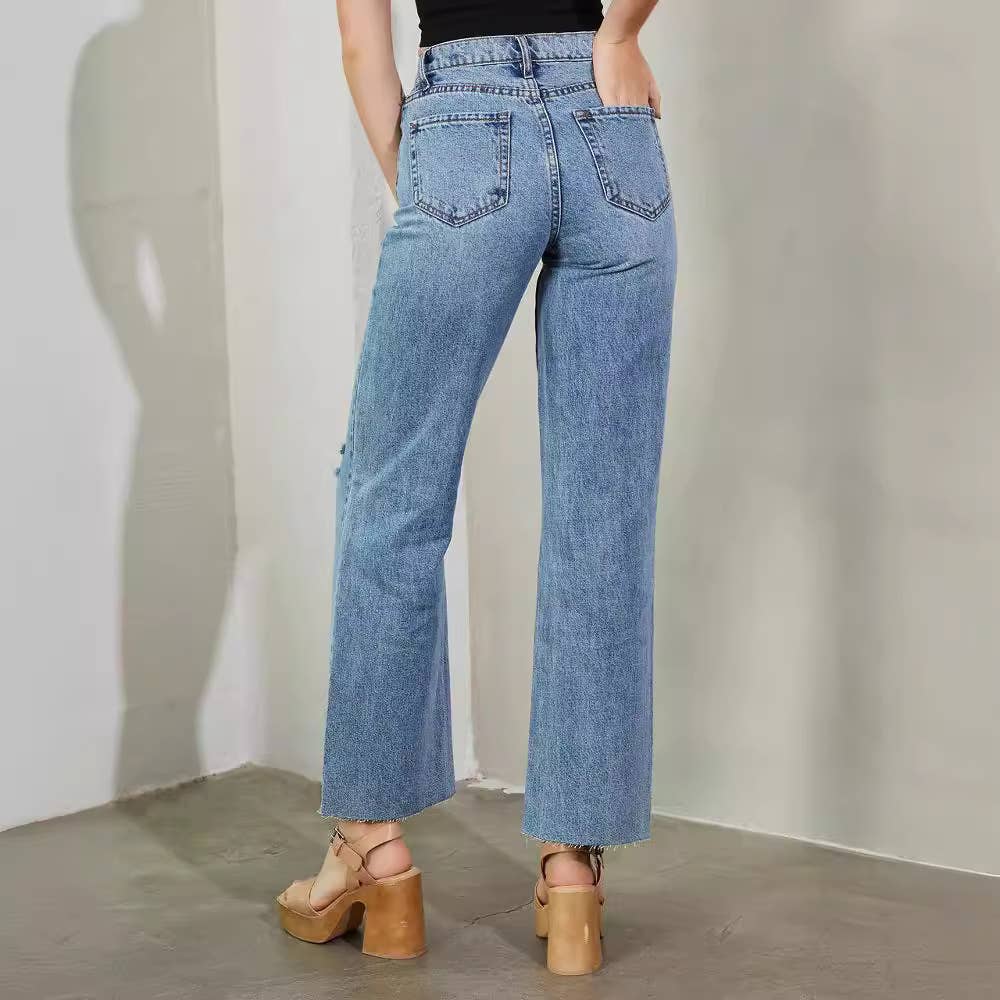 High-waisted washed fashionable ripped jeans