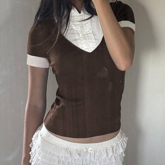 Spliced fake two contrasting color lapel T-shirts