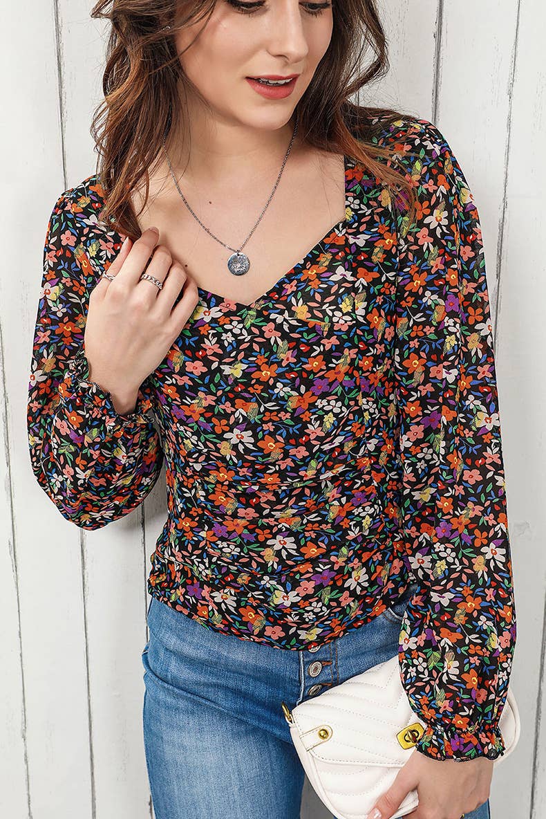 THIN SWEET PULLOVER V-NECK PUFFY SLEEVE CHIFFON