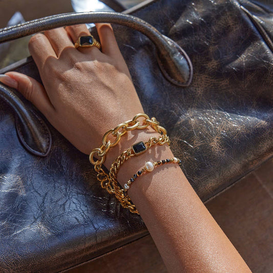 Thick Ribbed Cross Chain Bracelet, 18K Gold Steel