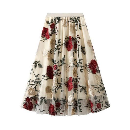 Vintage Floral Embroidered Tulle Midi Skirt