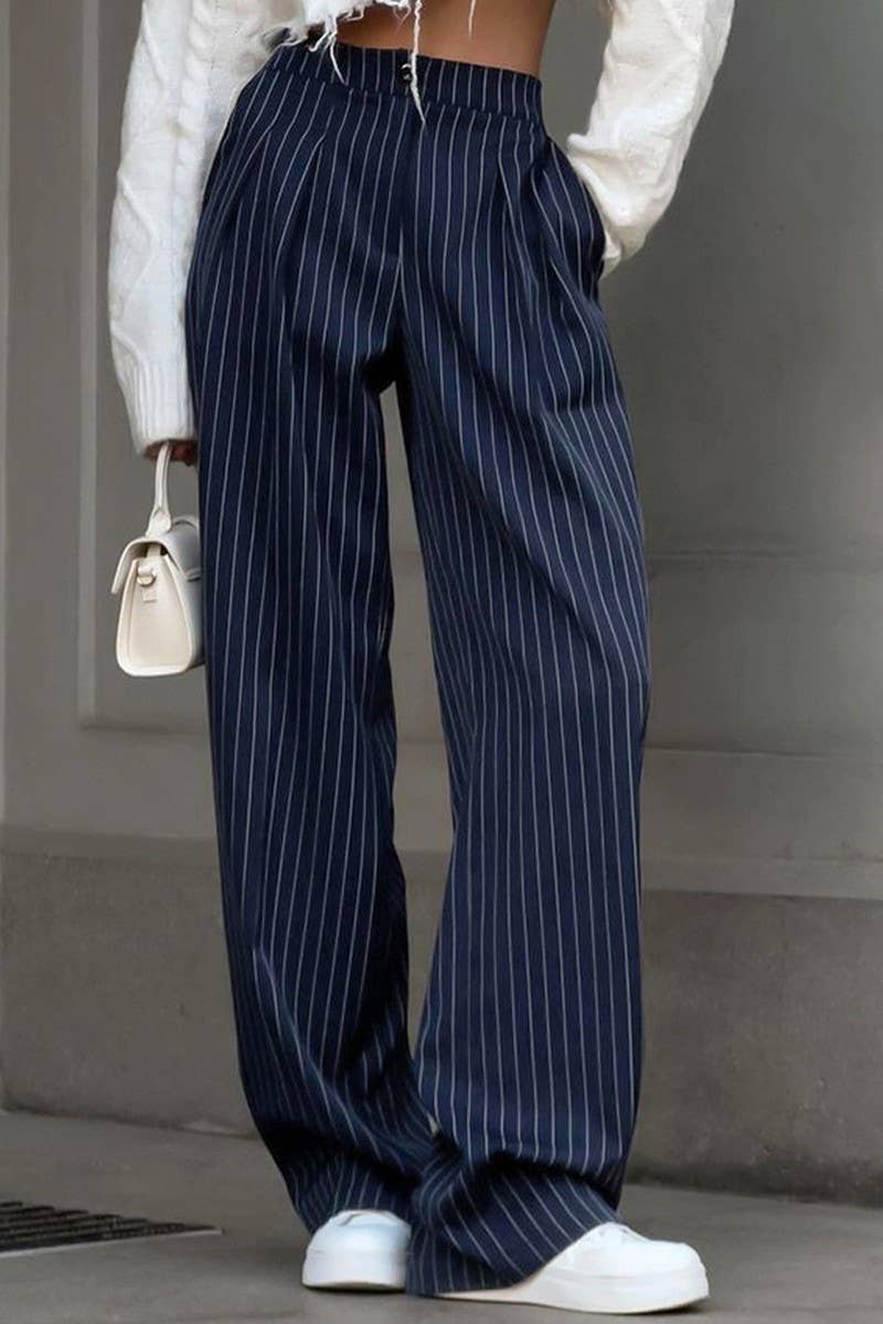 CWBLP1721_HIGH-WAISTED NAVY BLUE STRIPED STRAIGHT-LEG PANTS