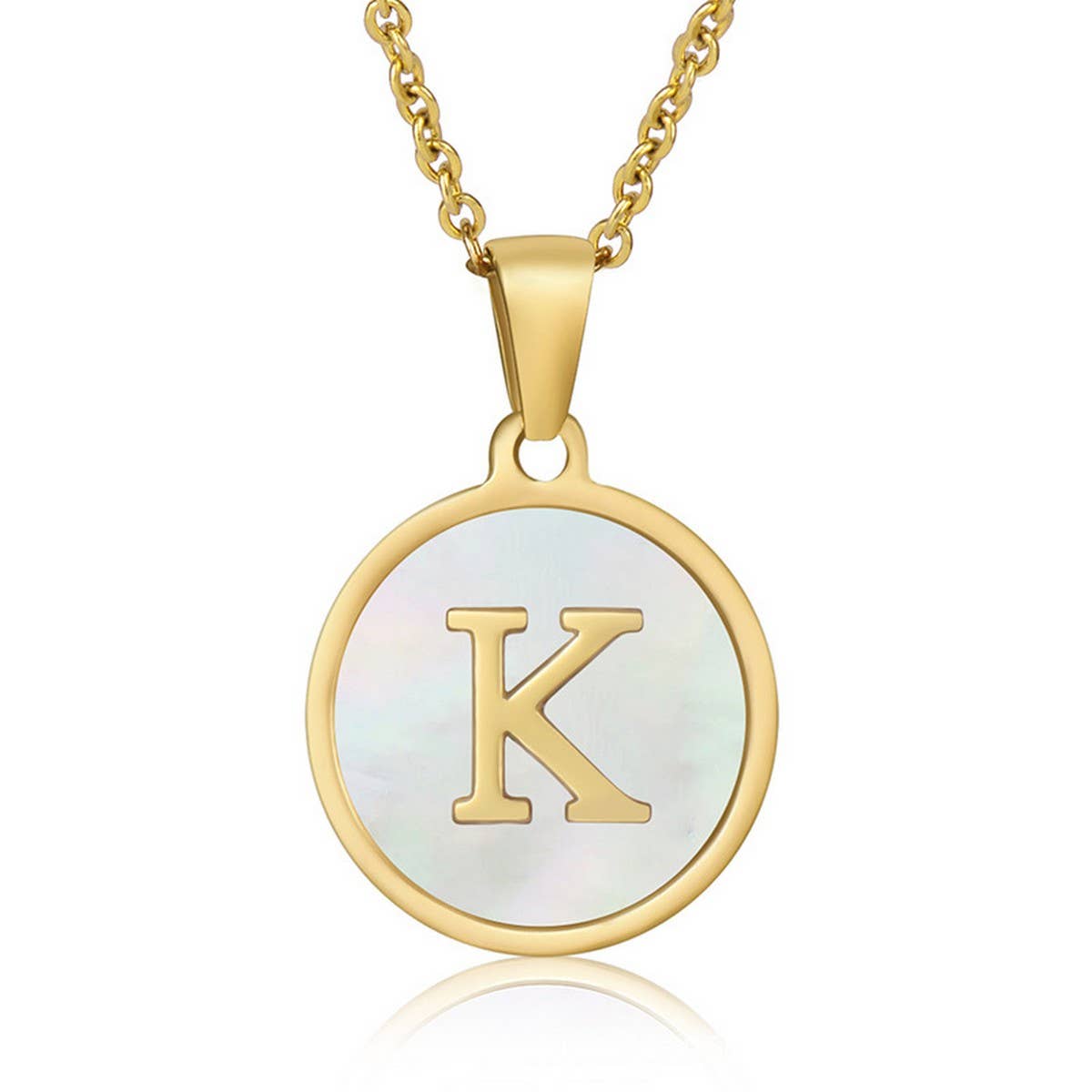 CWAJE1934_Round Stainless Steel White Shell Letter Necklace