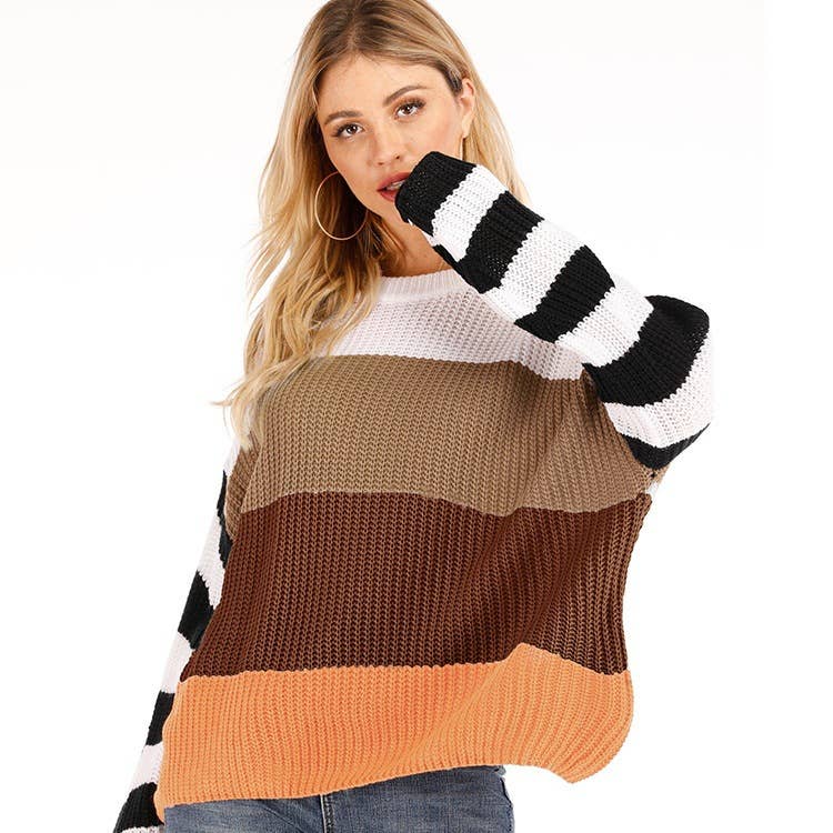 STRIPED SPLICED PULLOVER SWEATER IN INTERCOLOR