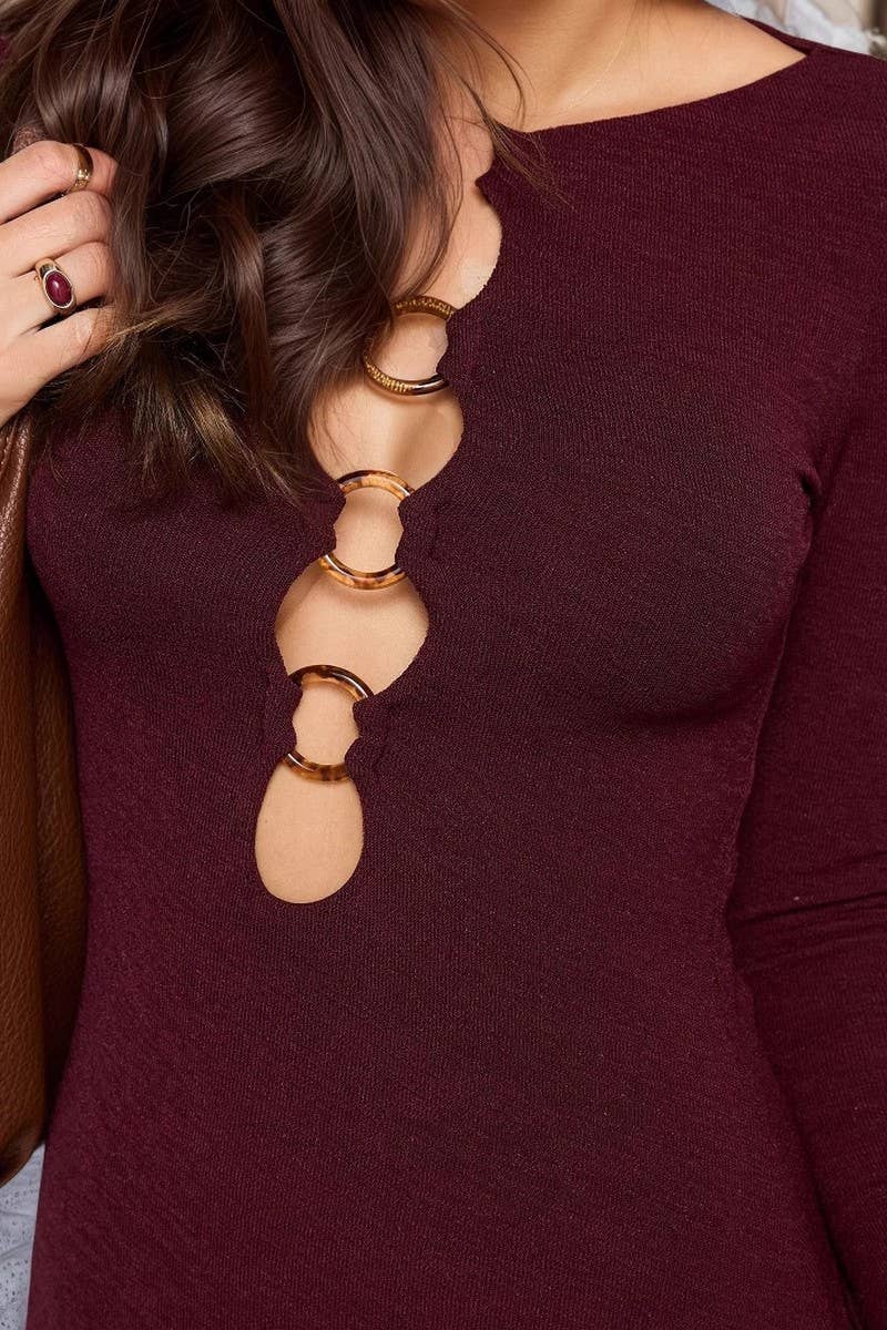 CWDMD6373_CUTOUT NECKLINE SLIM FIT LONG SLEEVE DRESS