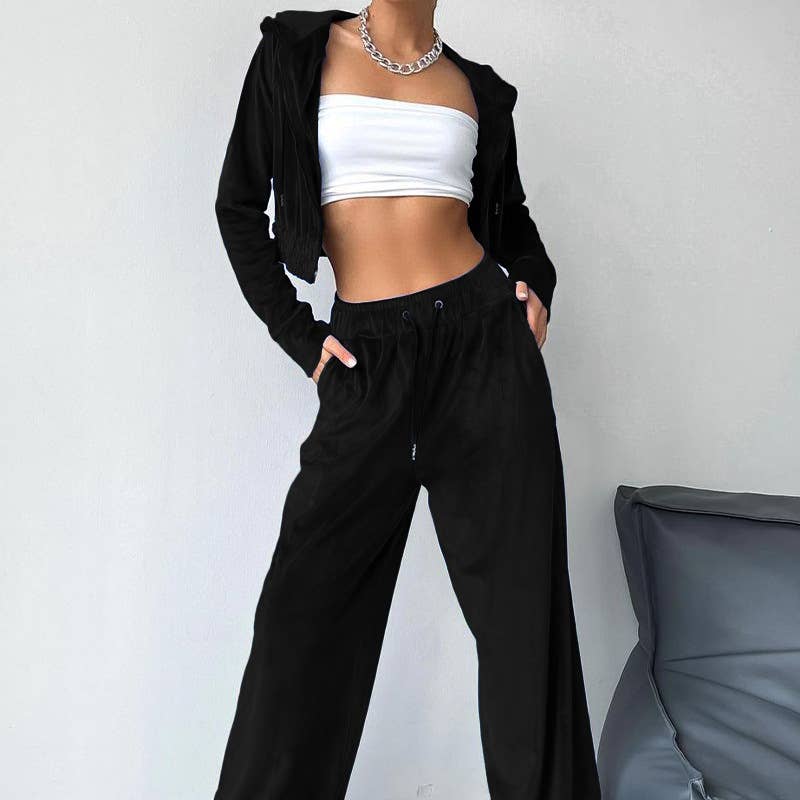 FASHION SPORTS STYLE HOODIE WIDE LEG PANTS SUIT