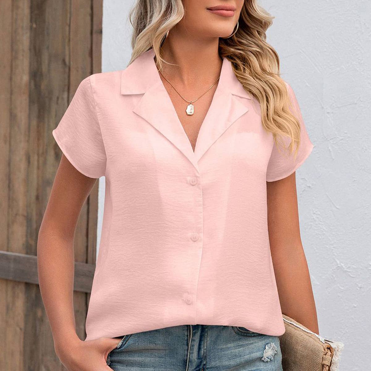 LAPEL SOLID SATIN SHORT SLEEVED LOOSE SHIRT