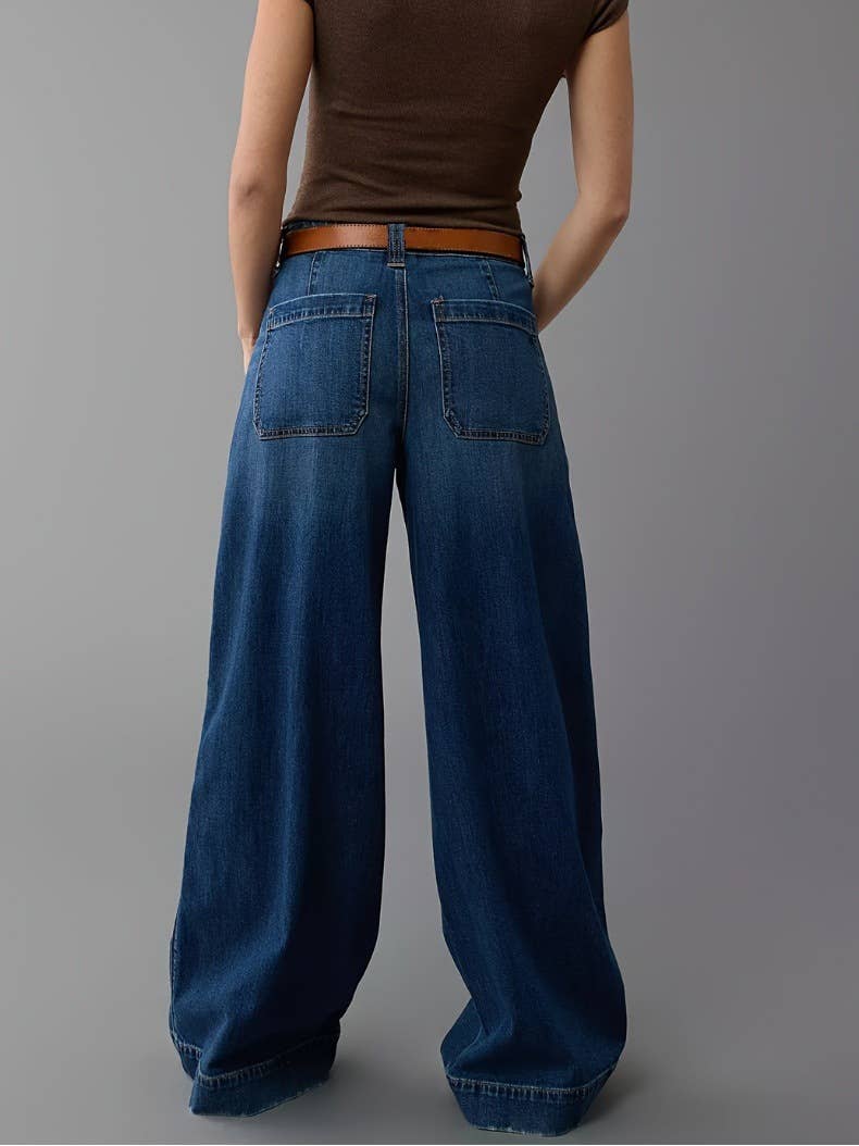 Stretchy casual wide-leg washed fashionable jeans