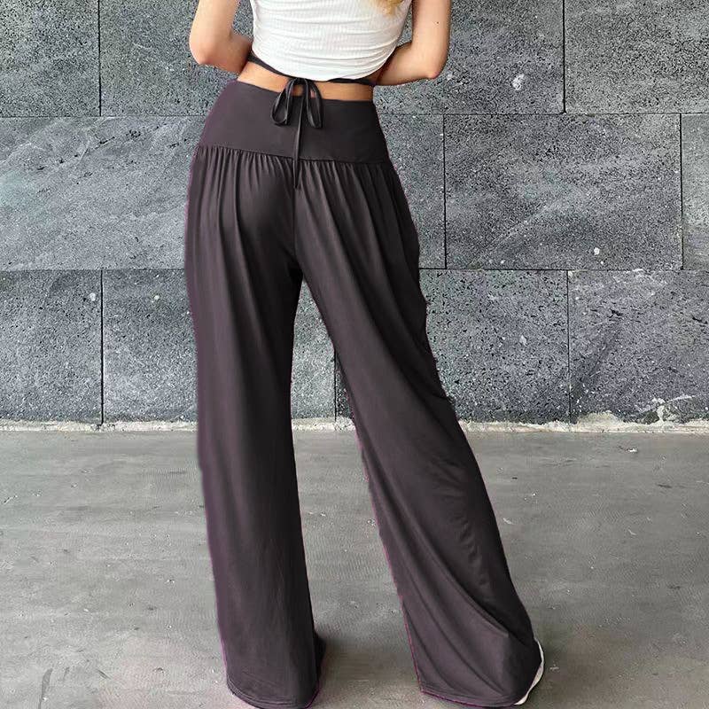 Pleated lace-up slacks Stretch wide-leg pants