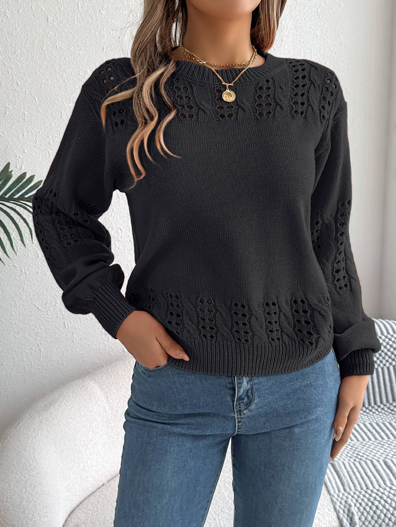 SOLID COLOR HOLLOW-OUT LANTERN SLEEVE SWEATER