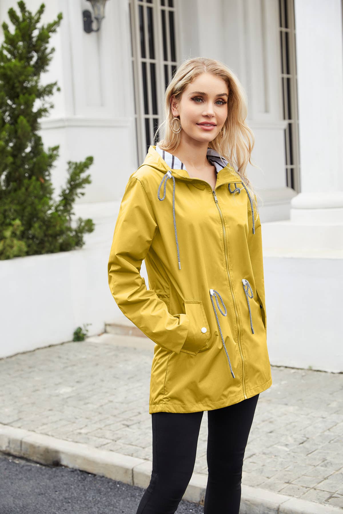 Waterproof hooded striped trench coat