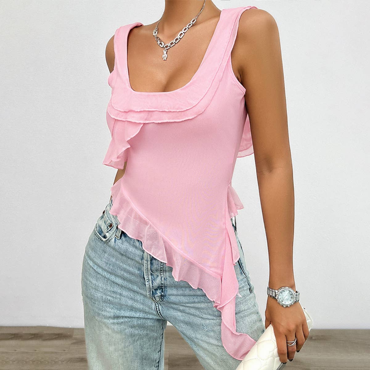 SLEEVELESS U NECK GAUZE TOP BLOUSE_CWTBLSL0207