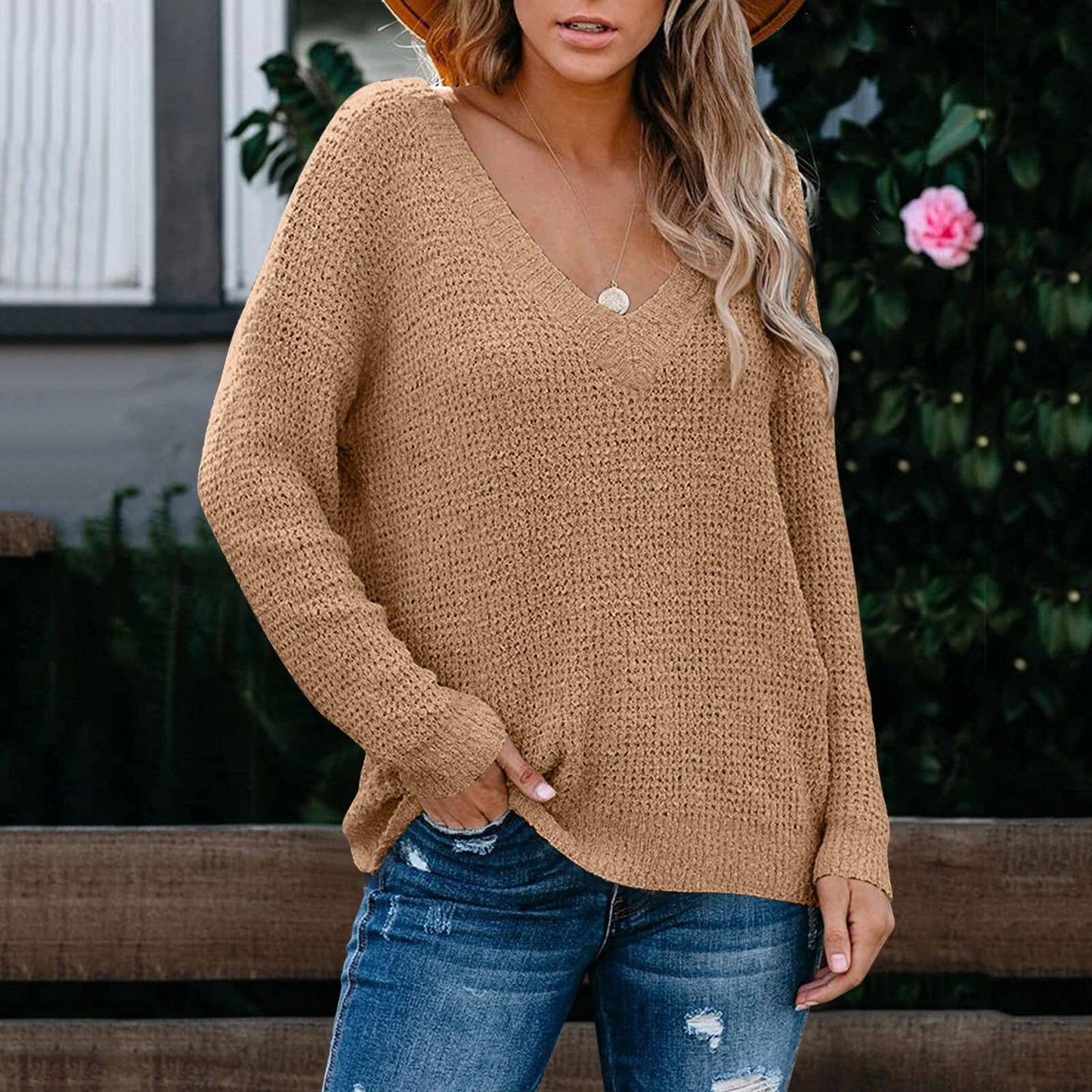 SOLID COLOR V-NECK LOOSE LONG-SLEEVED SWEATER