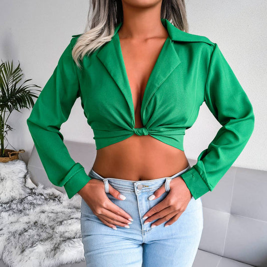 Suit collar knotted shirt crop top
