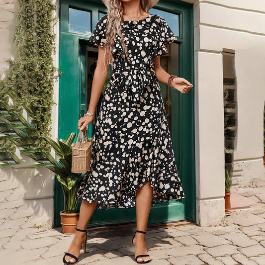 ROUND NECK PEPLUM POLKA DOT LONG DRESS