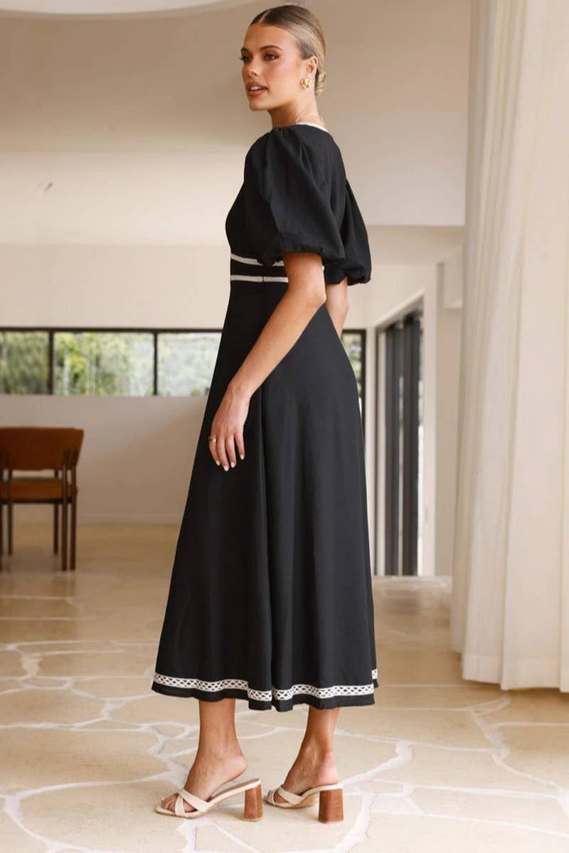 CWDMD5666_V-NECK SOLID LACE PUFF SLEEVE WAIST MAXI DRESS