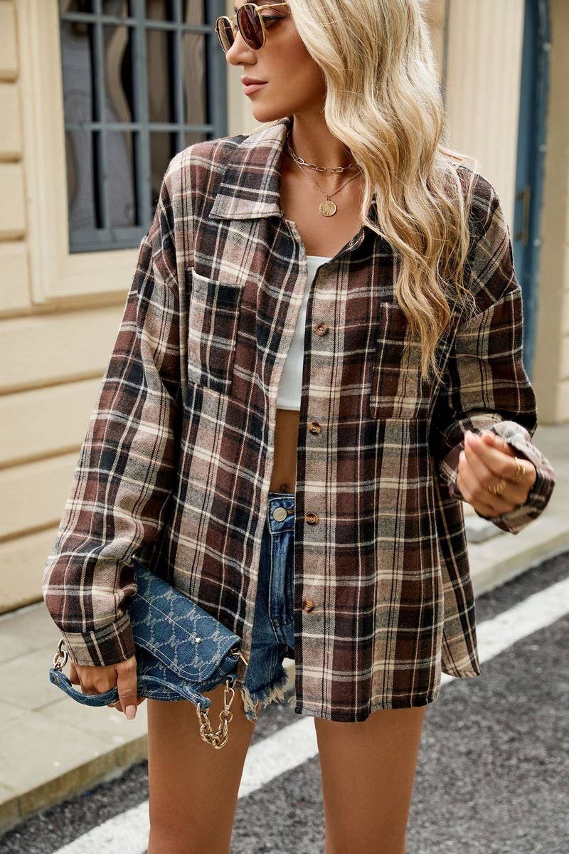 CWOCO0473_LAPEL PLAID CONTRAST LONG SLEEVE SHIRT COAT