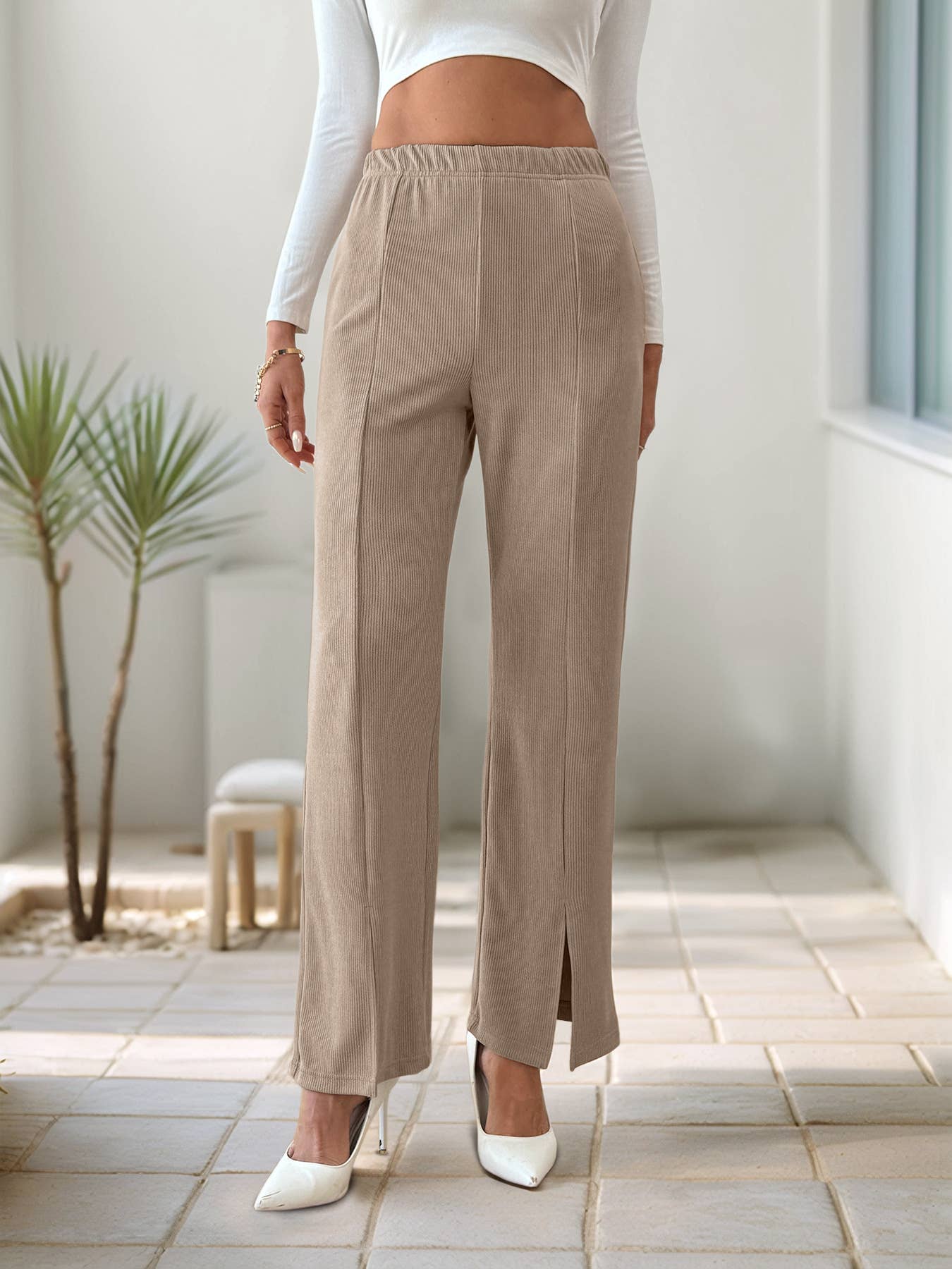 Solid-color slit straight-leg versatile pants