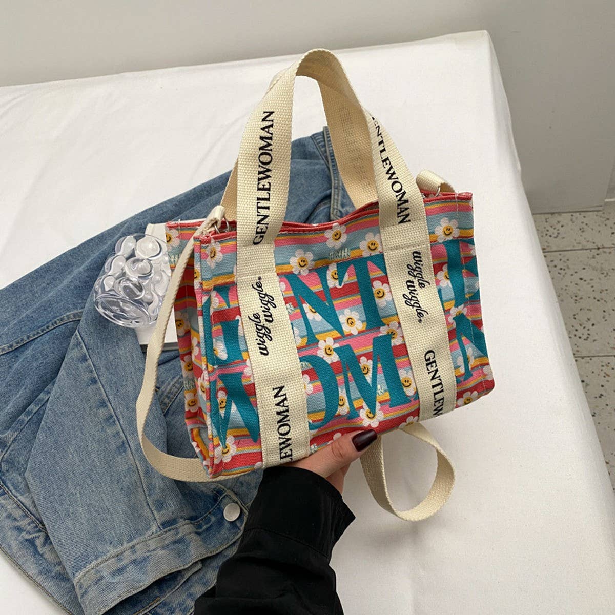 CUTE BEAR COLORFUL LETTER PRINT CANVAS BAG_CWAB2684