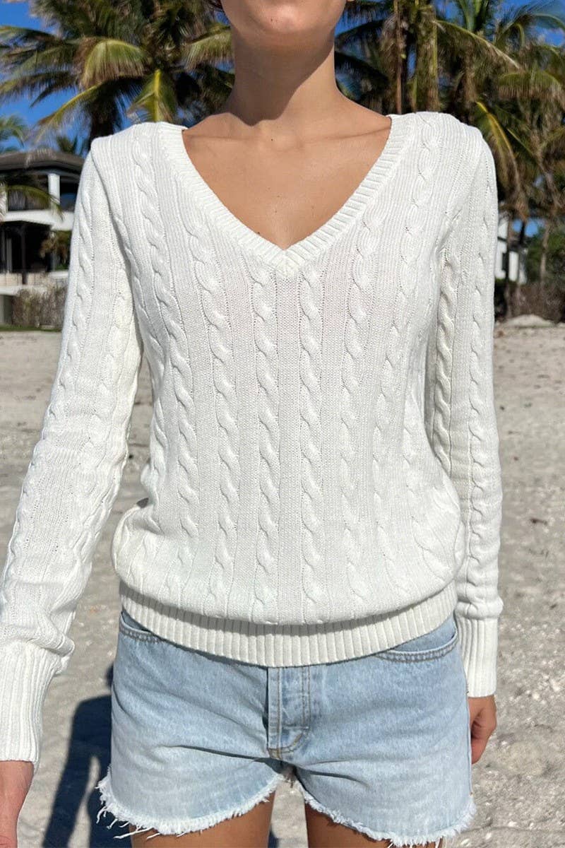 CWOSWL07507_V-NECK CASUAL SIMPLE LONG-SLEEVED KNITTED TOP