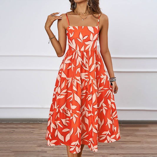 ELEGANT CAMISOLE FLORAL PRINT MID-LENGTH DRESS