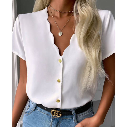 Short-sleeved cardigan with wavy neck shirt