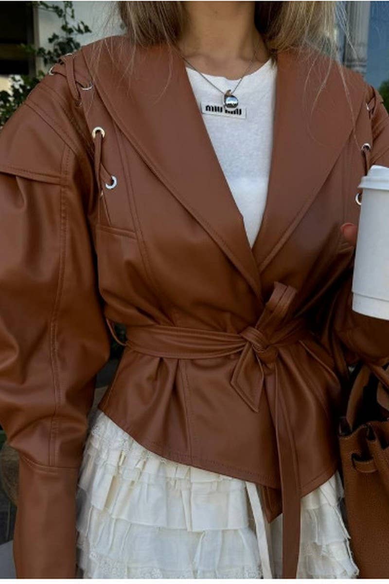 CWOCO1063_VINTAGE CASUAL LACE-UP FAUX LEATHER JACKET