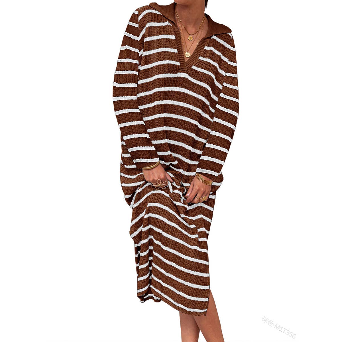 LONG V-NECK STRIPES LOW SLIT LAPELS SWEATER DRESS
