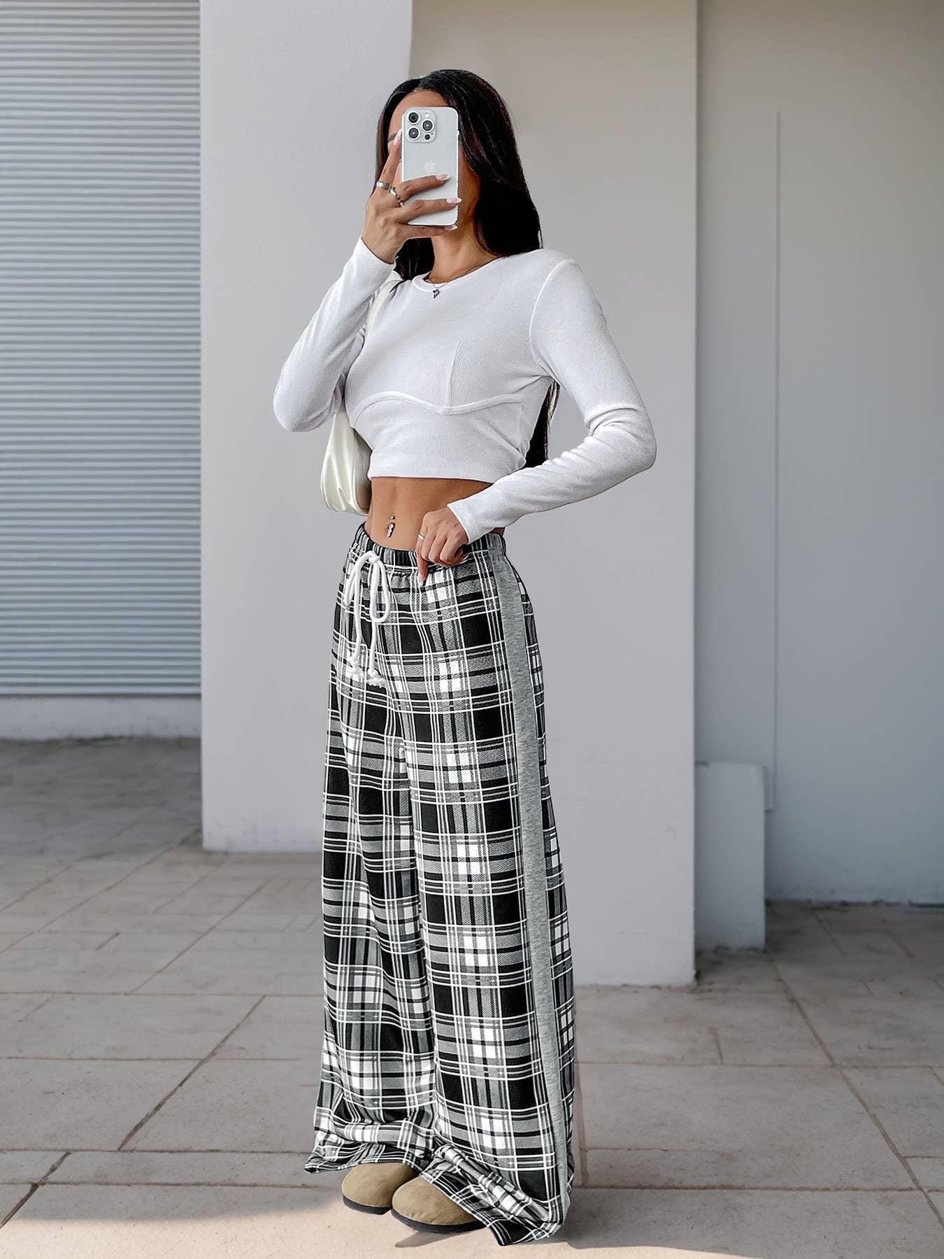 Casual plaid patchwork wide-leg pants