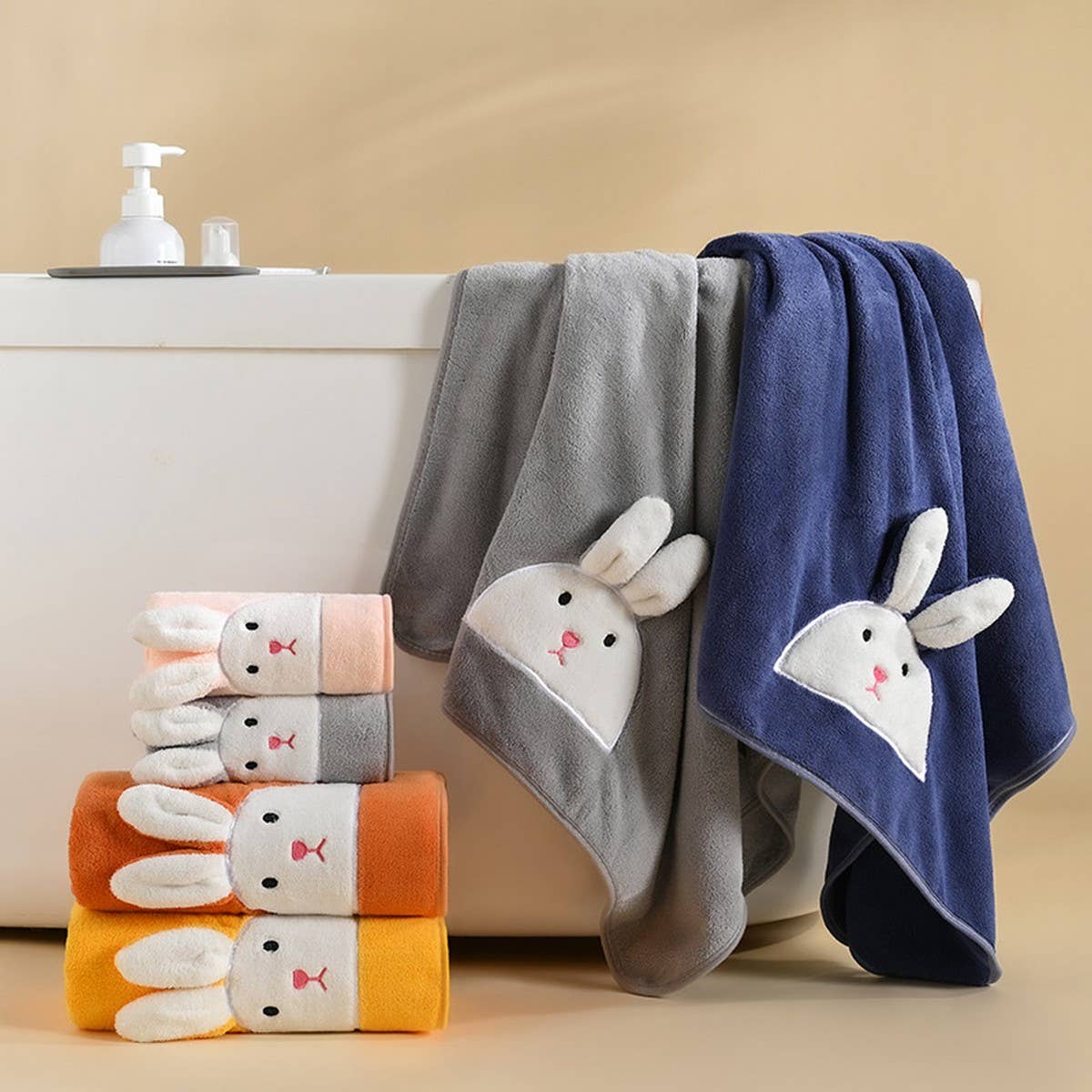 EMBROIDERED RABBIT CORAL FLEECE TOWEL