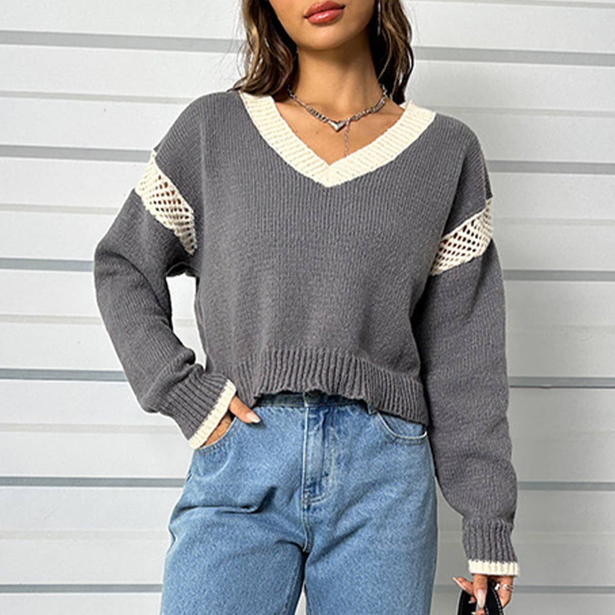V-NECK LOOSE HOODIE LONG SLEEVE SWEATER