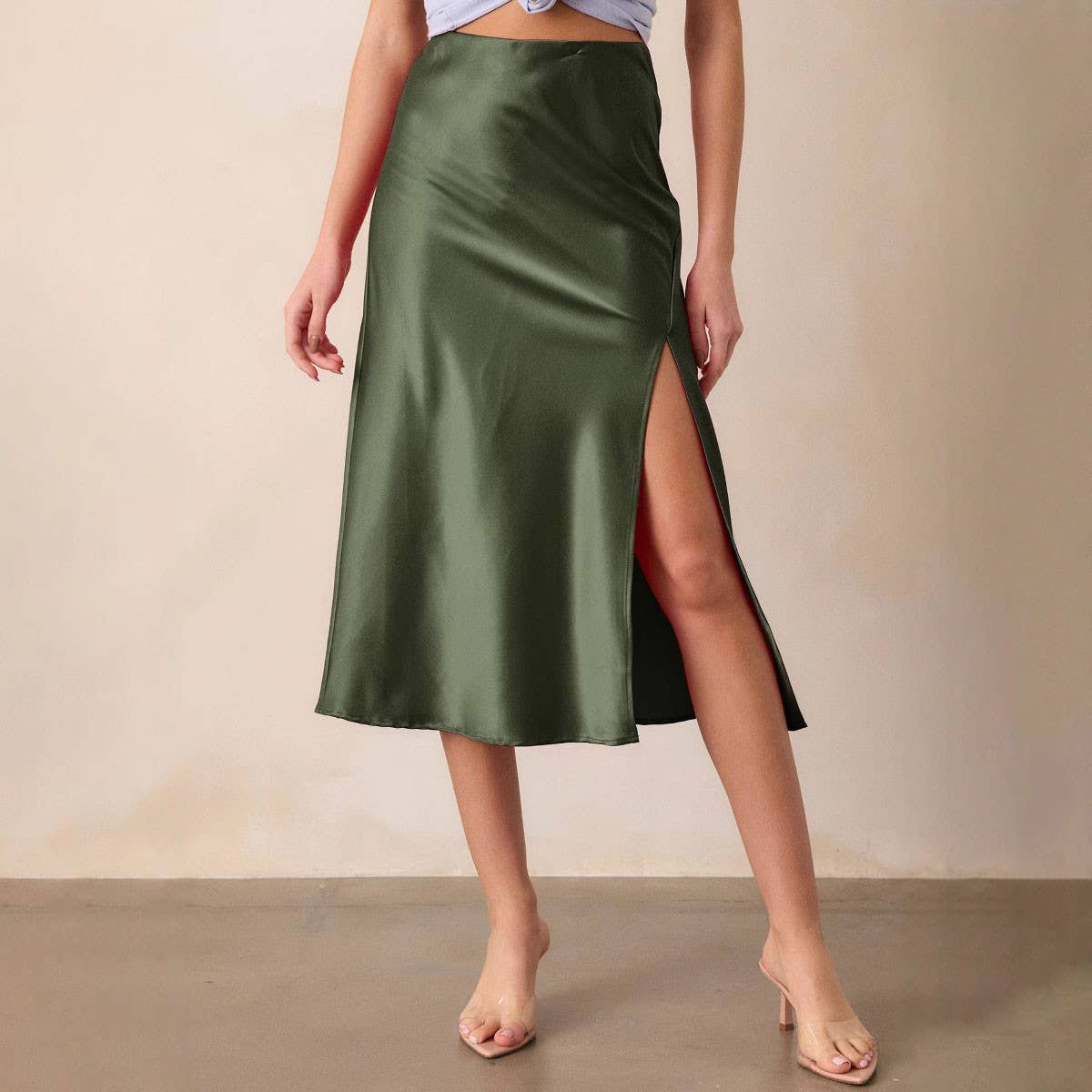 SATIN SKIRT HIGH WAIST ELASTIC SLANTED LONG SKIRT