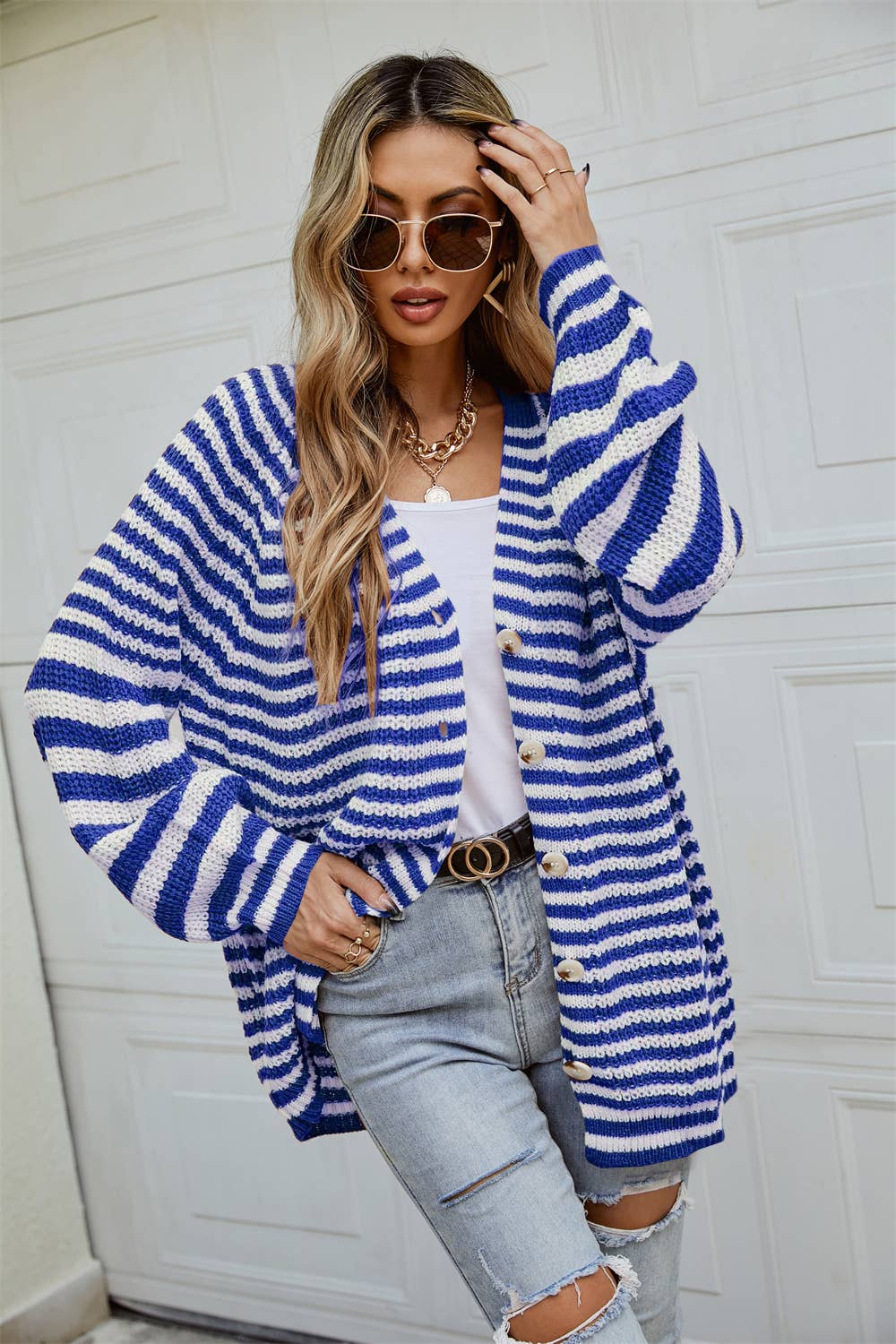 Single breasted loose striped cardigan knit coat