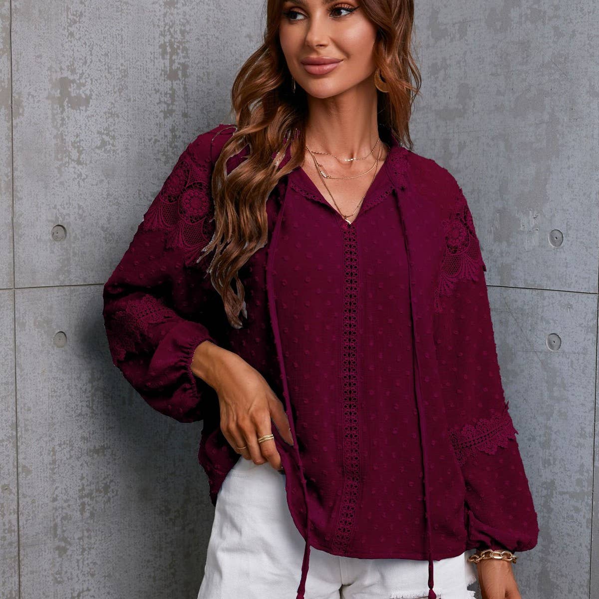 Lantern sleeve polka dot chiffon patchwork lace shirt