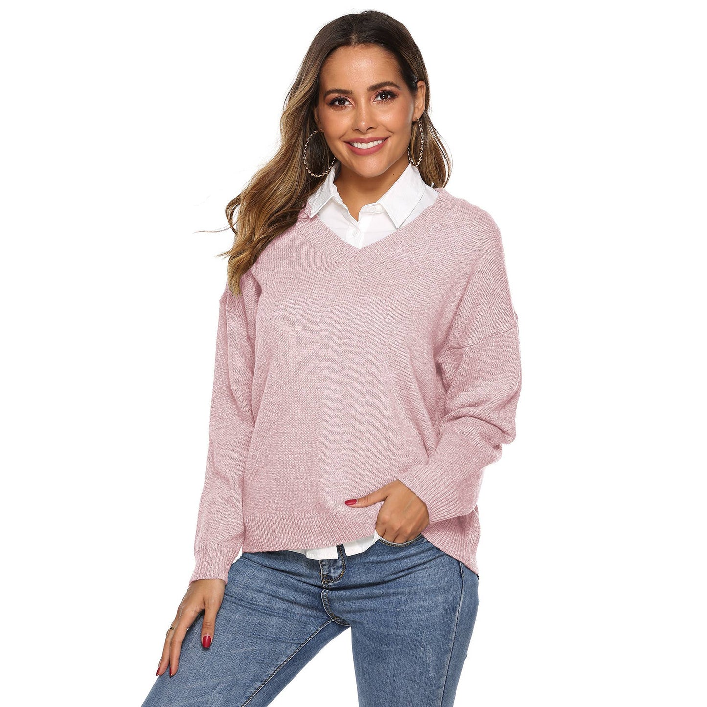SIMPLE V-NECK PULLOVER SWEATER IN SOLID COLOR