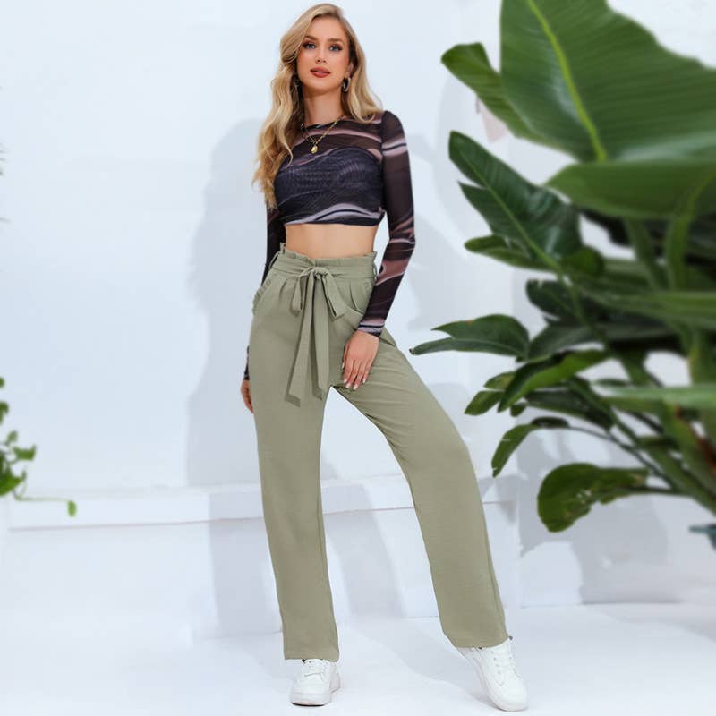 Solid Color Tie Waist High Rise Slim Fit Pants