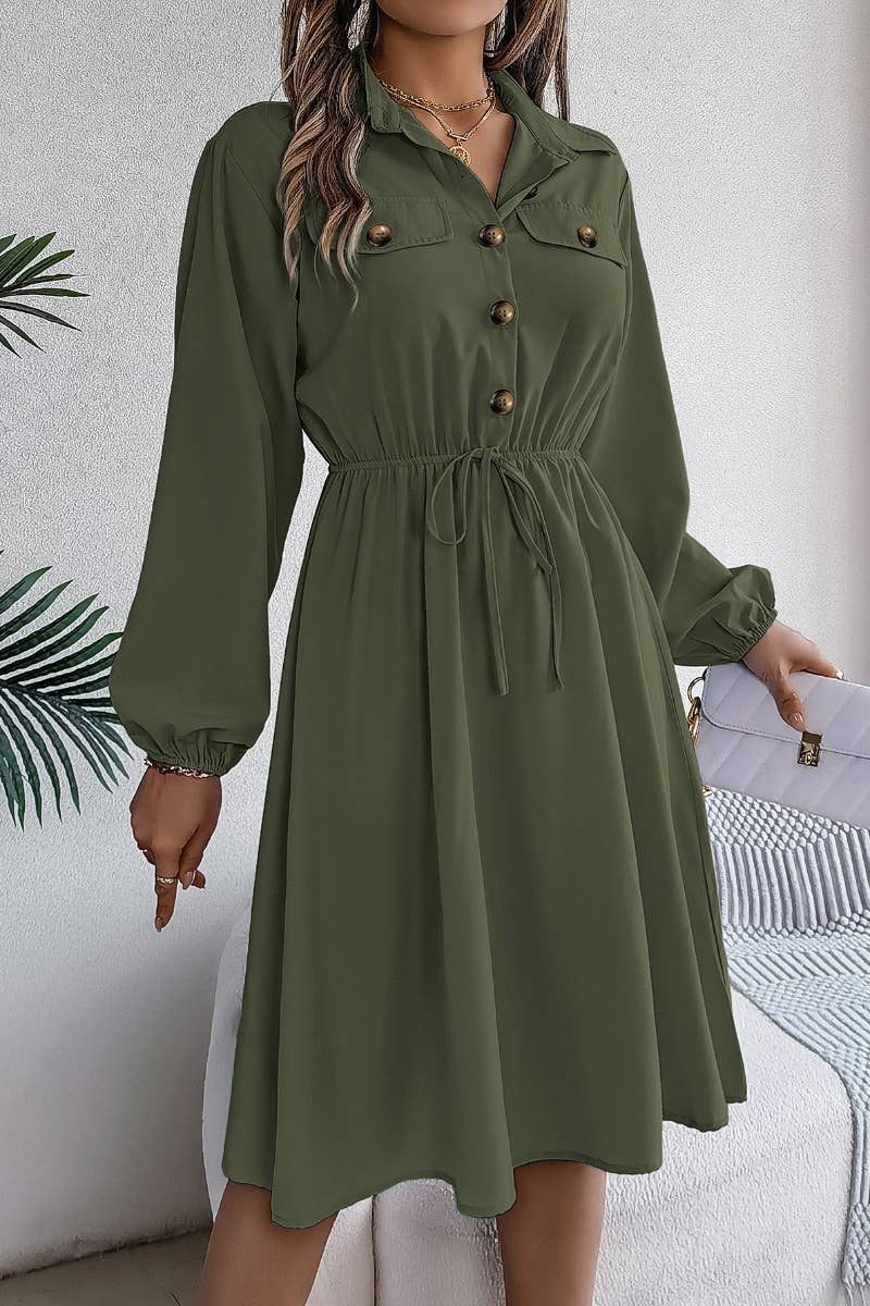 CWDSD6424_CASUAL BUTTON-DOWN WAIST SHIRT DRESS SHORT