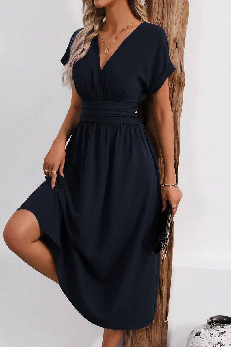 CWDMD4648_SOLID COLOR V-NECK BAT SLEEVE LONG DRESS