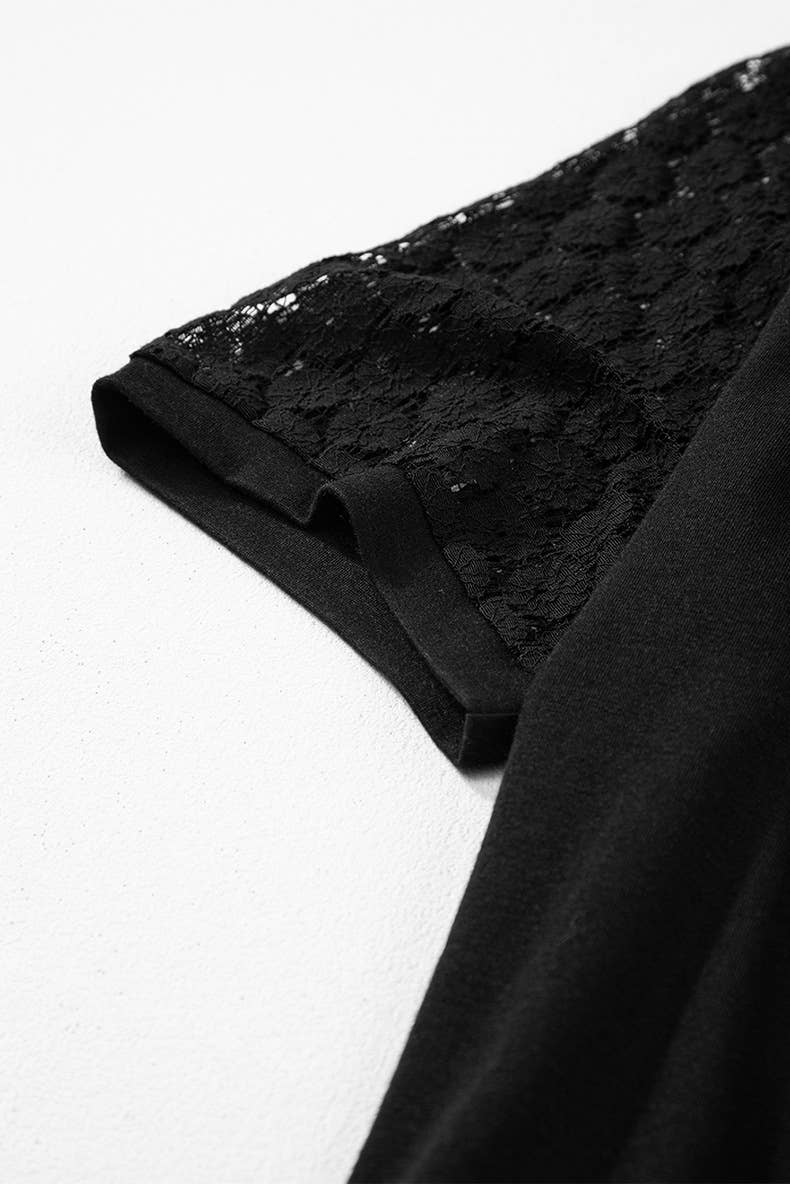 Solid-color hollowed-out lace round-neck dress