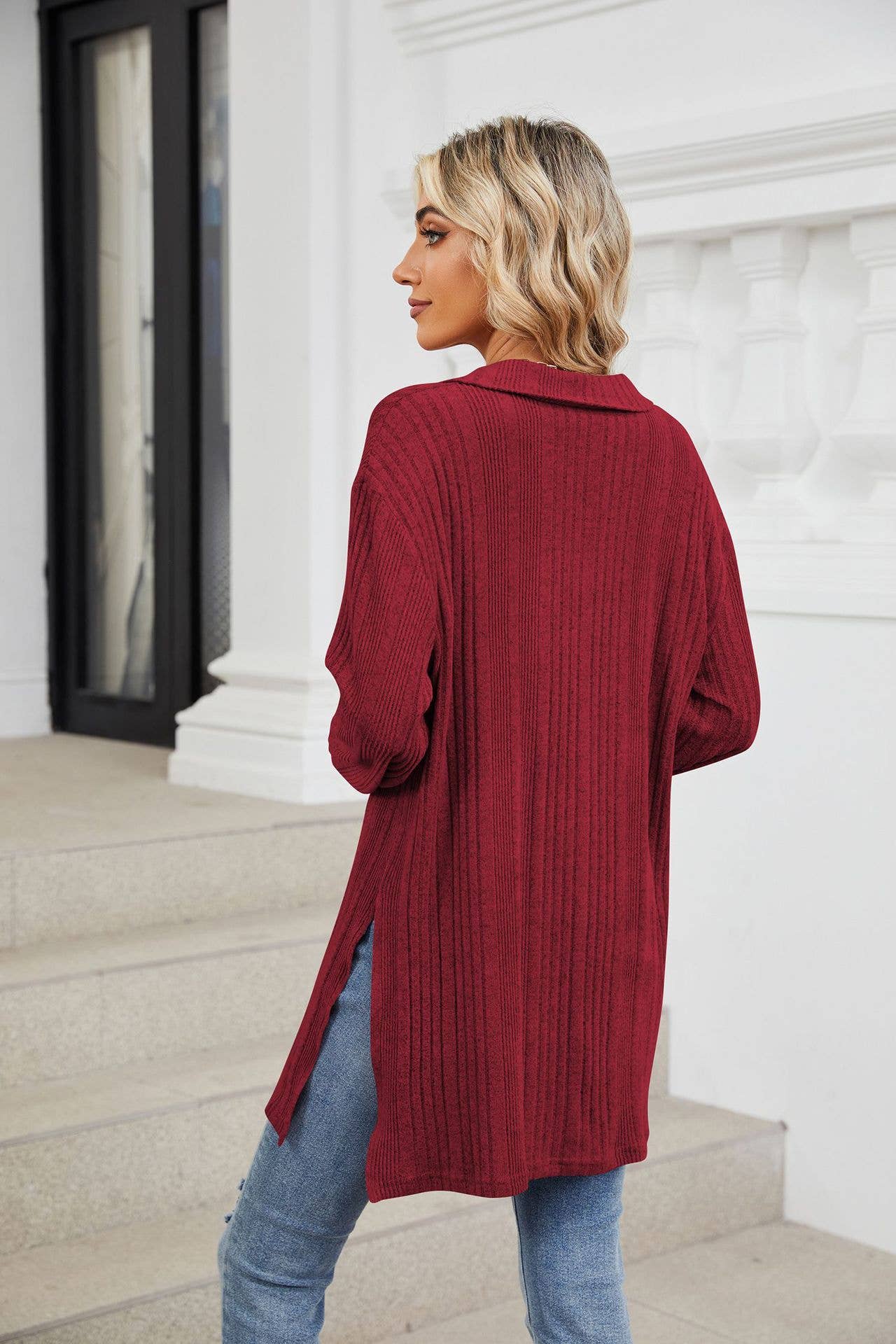 Solid-color V-neck long-sleeved loose slit Top