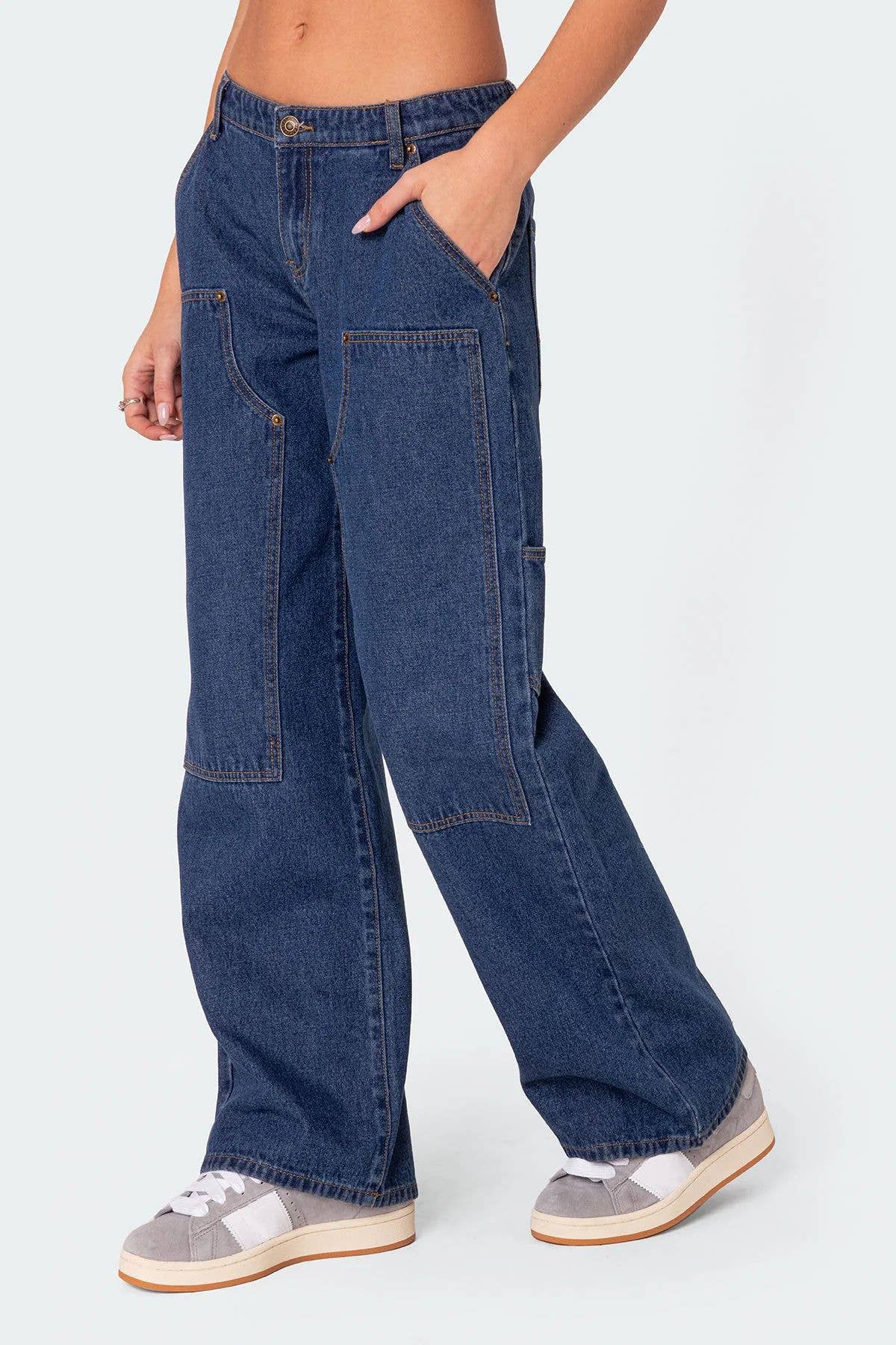 Loose-fitting wide-leg rivet work jeans