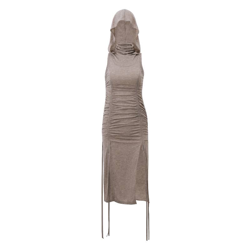 Ruched cutout drawstring hooded bodycon dress