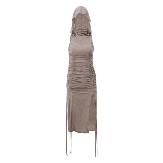 Ruched cutout drawstring hooded bodycon dress