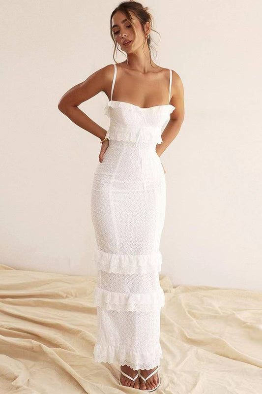 CWDMD3014_WHITE CROCHET SLIM SUSPENDER LONG DRESS
