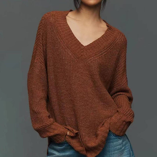 SLOUCHY LONG-SLEEVED SOLID COLOR V-NECK SWEATER