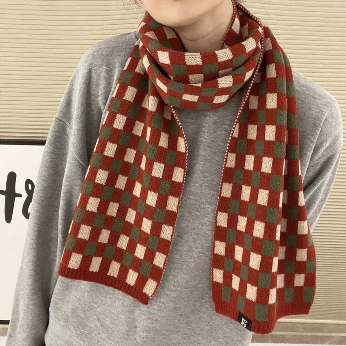 Colorblock Checkered Knit Scarf for Women