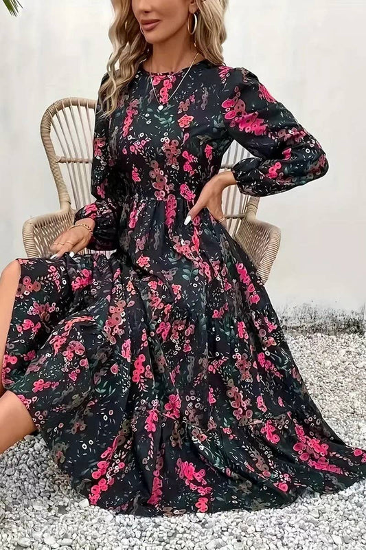 CWDMD5594_FASHION FLORAL PRINT ROUND NECK LONG SLEEVE DRESS