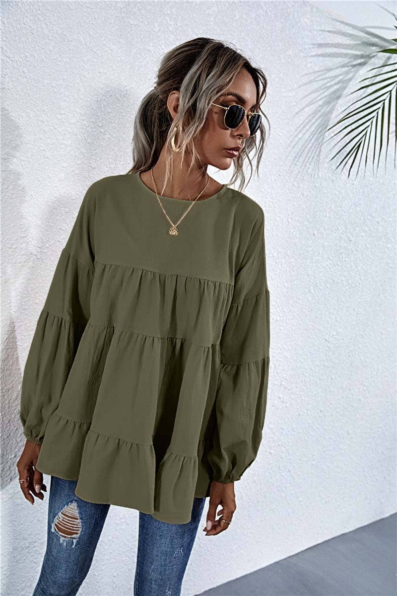 SOLID COLOR ROUND NECK LANTERN SWING LOOSE TOP